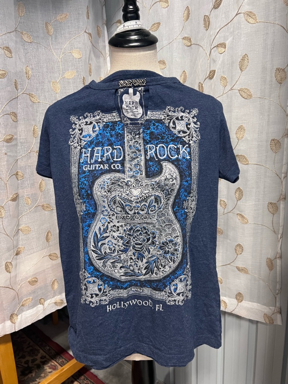 Hard Rock Cafe Navy Tee with White Guitar Print and Bright Blue Accents